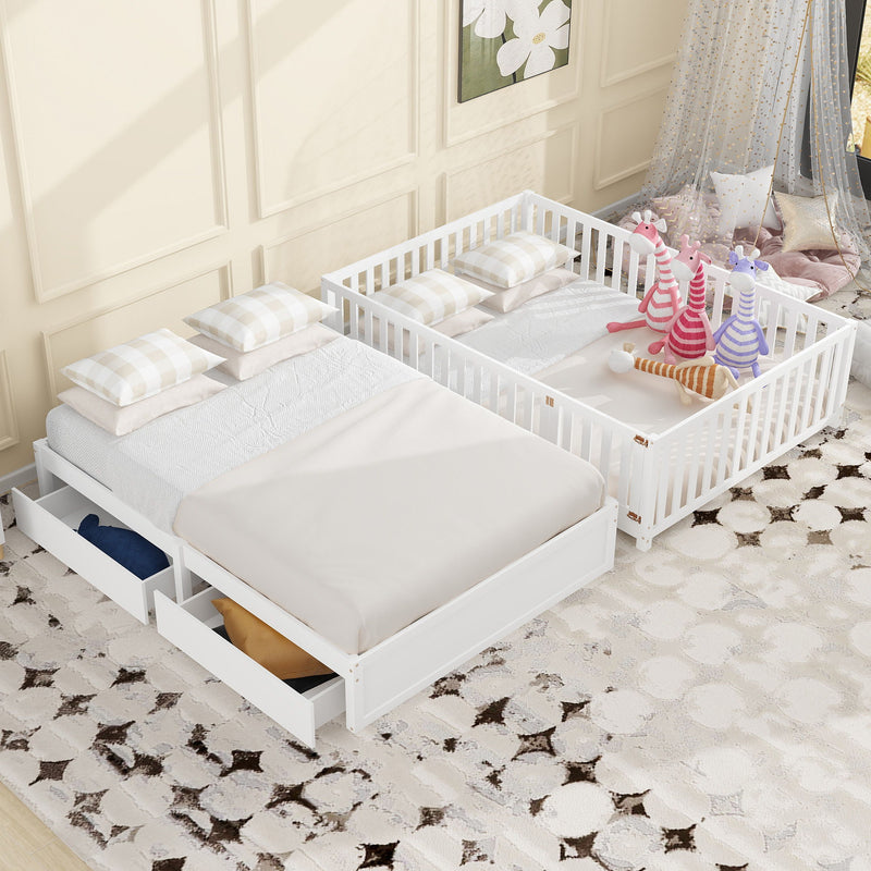 DreamHaus storage daybed with fence guardrails, two drawers, and split design for floor bed and daybed arrangement.