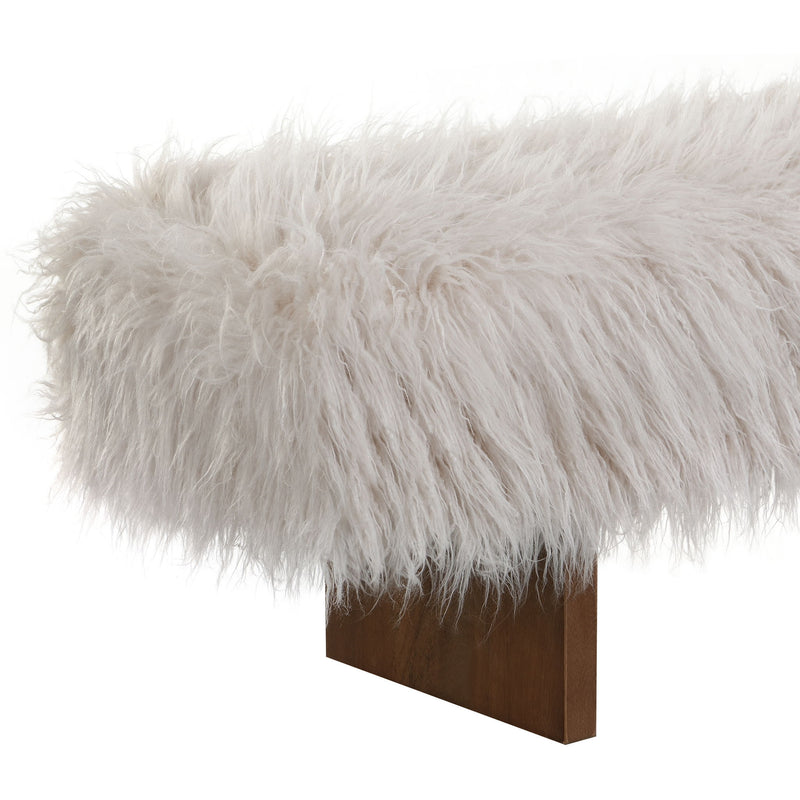 Brown and beige long-haired faux wool upholstered bench by Noble House with a plush, stylish design.