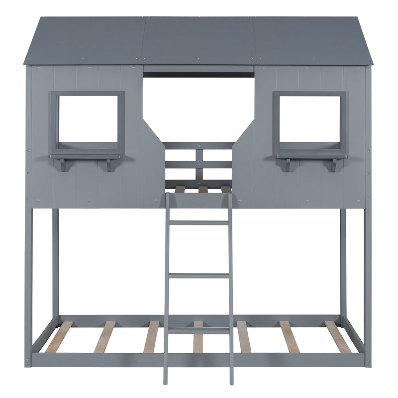 Twin Over Twin Bunk Bed With Roof, Window, Guardrail, Ladder - R&R Furniture Gallery (Fountain Valley, CA)