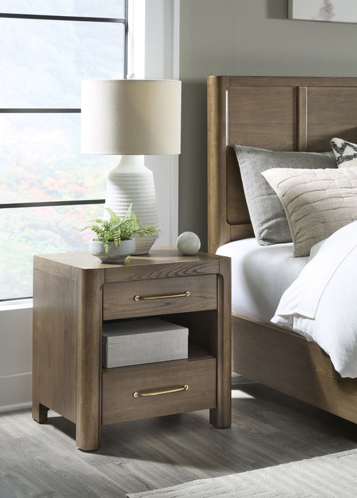 Modus Morris 3 Drawer Nightstand in Claystone with sleek modern design and metal handles, close-up of drawers and finish.