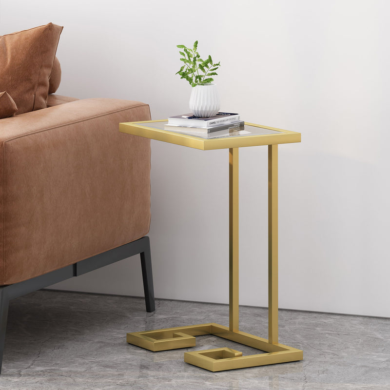 Modern Glam C-shaped end table with gold finish and tempered glass top, designed for stylish chair side use by Noble House.