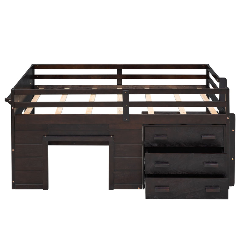 DreamHaus loft bed with integrated cabinet and shelf, featuring a modern wooden design and space-saving storage options.