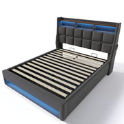 Artistry At Home upholstered platform bed with hydraulic storage, LED lights, and USB charging ports, shown without mattress.