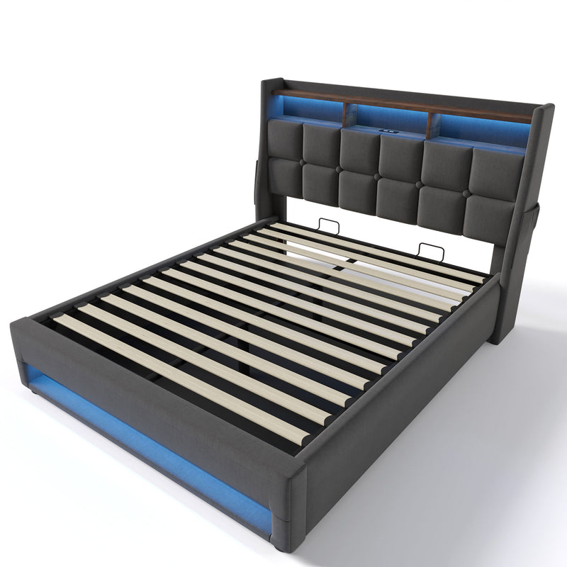 Artistry At Home upholstered platform bed with hydraulic storage, LED lights, and USB charging ports, shown without mattress.