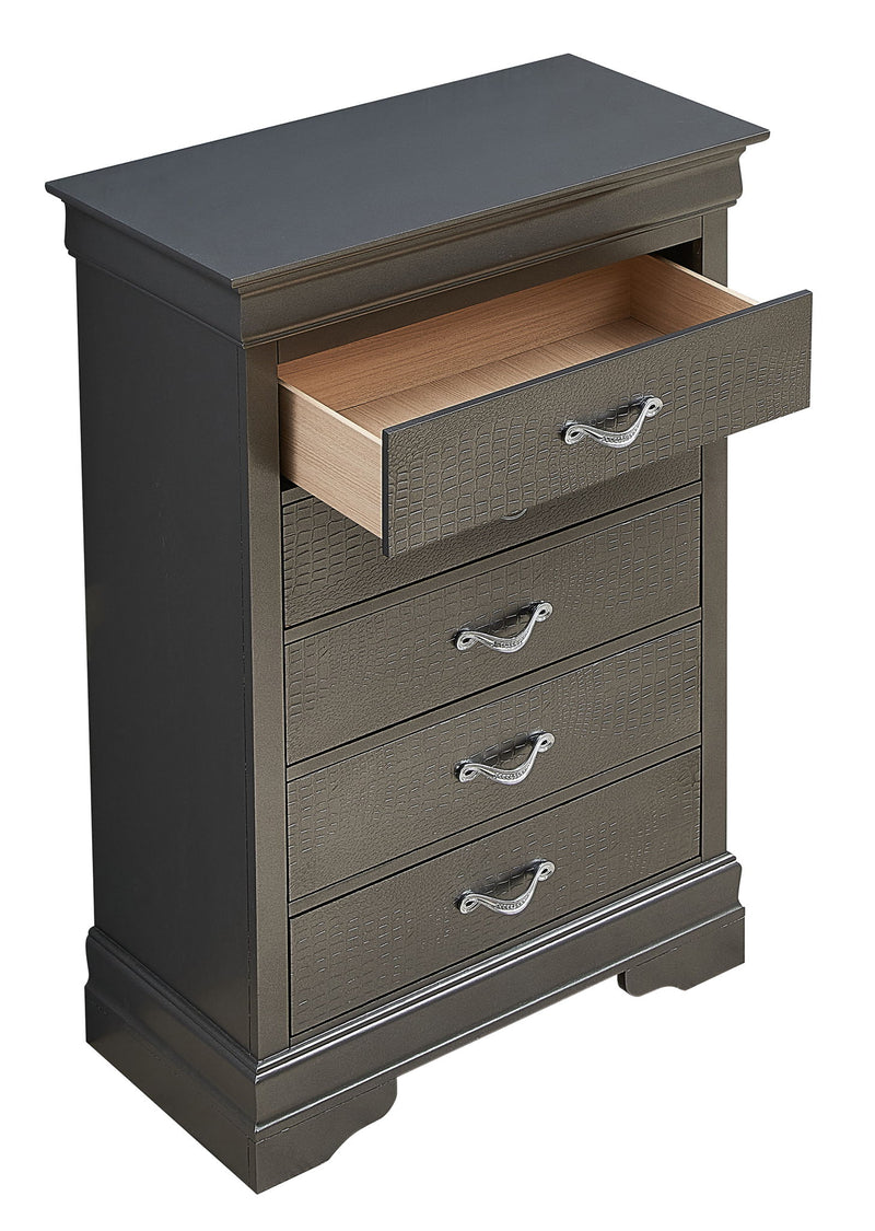 Black metal accent chest from Glory Furniture featuring a sleek, modern design with storage drawers.