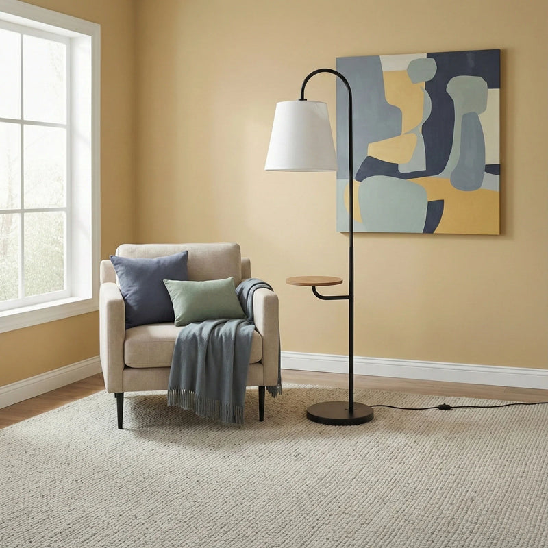 Seoul - Floor Lamp With Rotary Switch Wood Table Base - Black / White - R&R Furniture Gallery (Fountain Valley, CA)