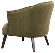 Uttermost Conroy accent chair in olive green fabric with a modern, curved design and wooden legs.