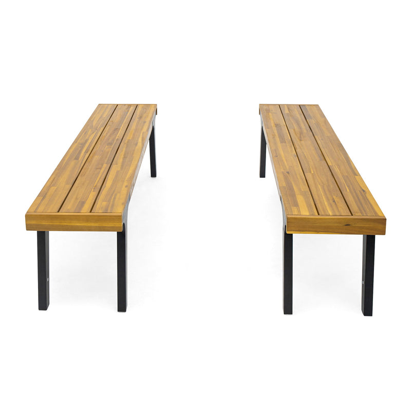 Pair of Noble House teak dining benches with smooth wood finish, ideal for kitchen or dining room seating.