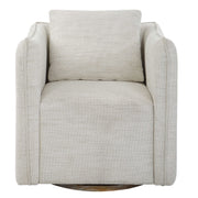 Silver Corben swivel armchair by Uttermost featuring a sleek, modern design with a rounded back and swivel base.