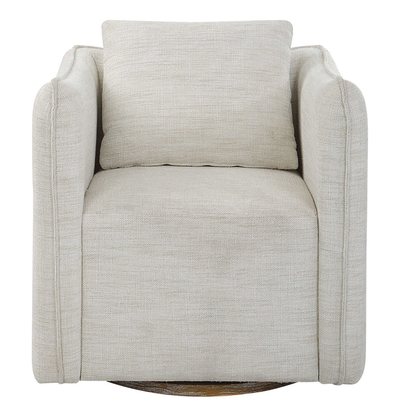 Silver Corben swivel armchair by Uttermost featuring a sleek, modern design with a rounded back and swivel base.