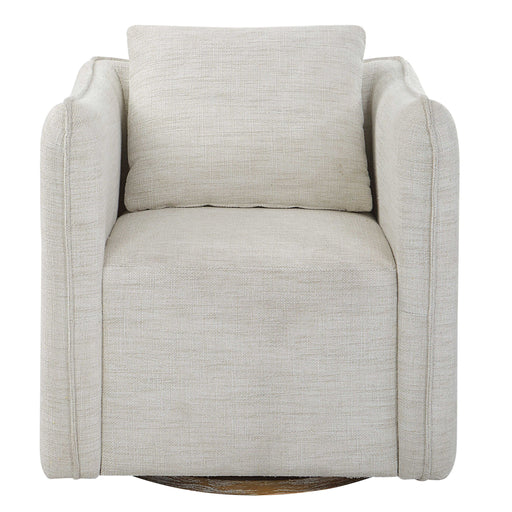 Silver Corben swivel armchair by Uttermost featuring a sleek, modern design with a rounded back and swivel base.