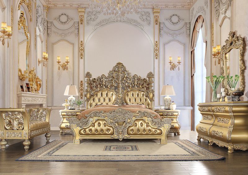 Seville - Eastern King Bed - Synthetic Leather & Gold - R&R Furniture Gallery (Fountain Valley, CA)