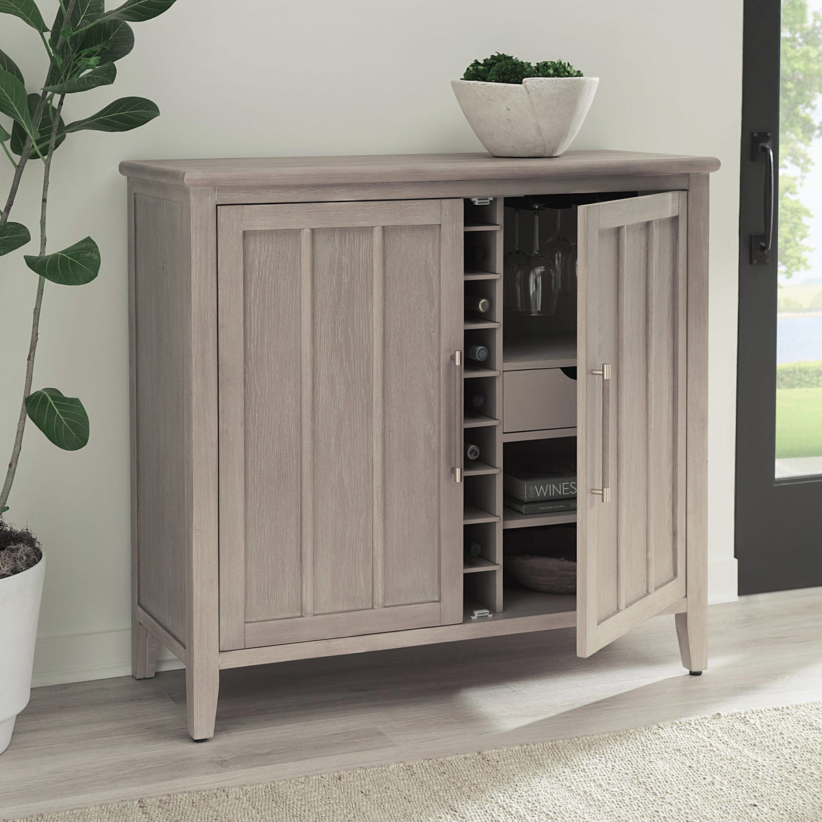 Camden Two Door Two Drawer Bar Cabinet with Stemware Rack and Wine Rack in Chai