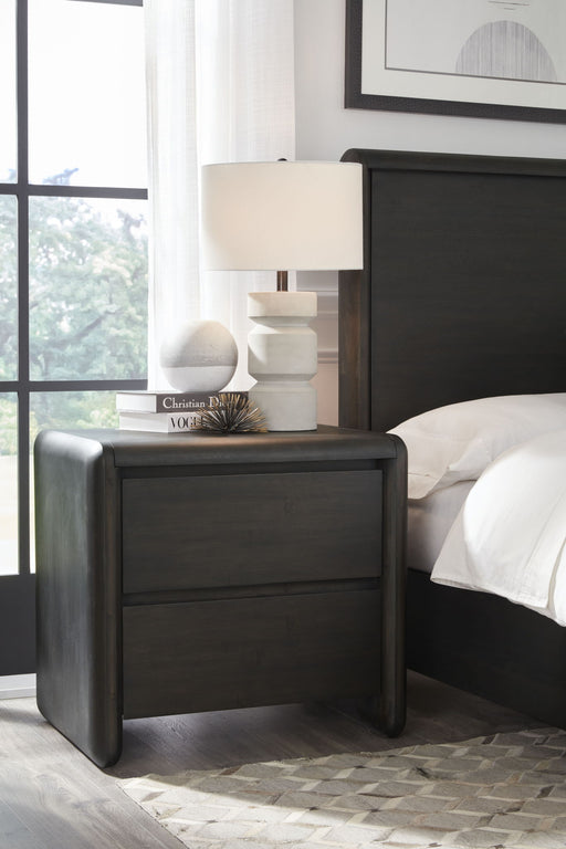 Modus Xolani two-drawer acacia wood nightstand in Jaguar finish with sleek design and metal handles.