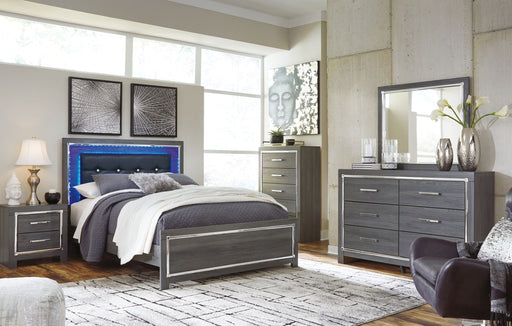Lodanna Signature Design by Ashley 6-piece panel bedroom set includes bed frame, dresser, mirror, and matching nightstands in neutral finish.