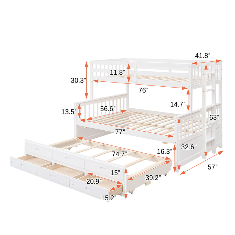 DreamHaus bunk bed with twin size trundle and built-in drawers, showcasing sturdy wood frame and space-saving design.