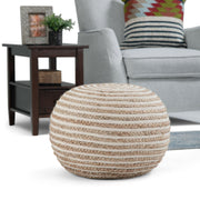 Simpli-Home Yolanda round natural accent pouf with soft fabric upholstery and plush cushioning for versatile seating.