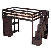 DreamHaus loft bed with built-in storage drawers, stairs with shelves, and a sturdy frame, ideal for space-saving bedroom use.