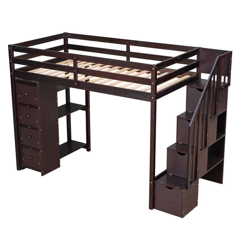 DreamHaus loft bed with built-in storage drawers, stairs with shelves, and a sturdy frame, ideal for space-saving bedroom use.