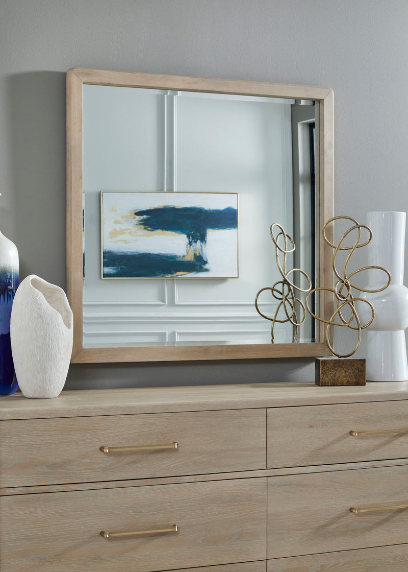 Modus Gardenia beveled glass wall or dresser mirror in chai color, showcasing its elegant stand and detailed beveled edges.