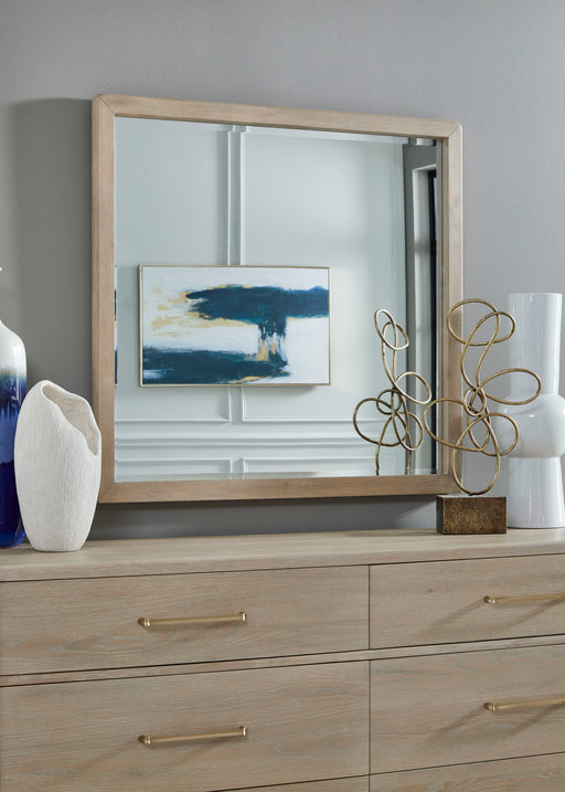 Modus Gardenia beveled glass wall or dresser mirror in chai color, showcasing its elegant stand and detailed beveled edges.