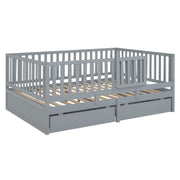 DreamHaus storage daybed with fence guardrails, two drawers, convertible into separate floor bed and daybed, ideal for versatile bedroom use.