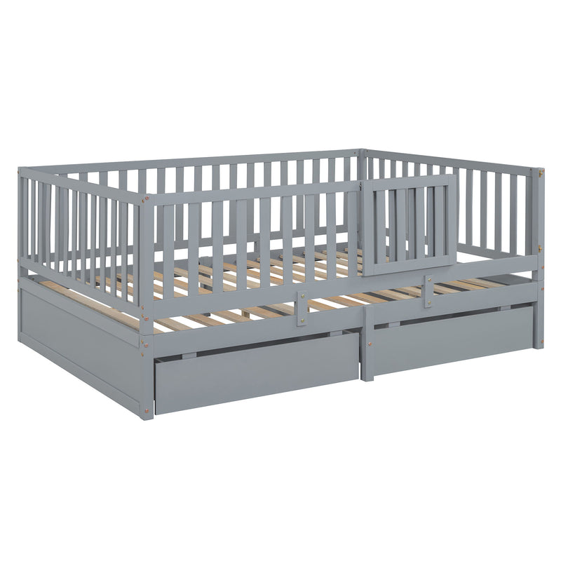DreamHaus storage daybed with fence guardrails, two drawers, convertible into separate floor bed and daybed, ideal for versatile bedroom use.