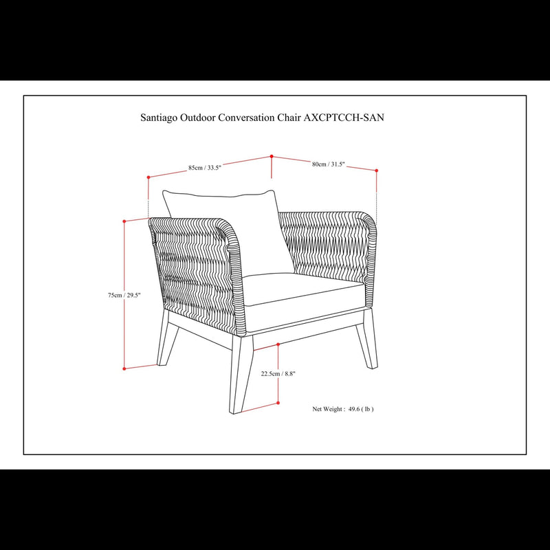 Simpli-Home Santiago outdoor conversation arm chair in slate gray with cushioned seating for patio or garden use.