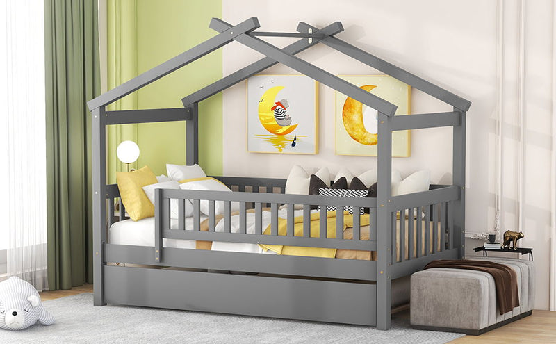 DreamHaus creativity house bed with twin size trundle, featuring a playful house-shaped design and cozy bedding in a children's bedroom.