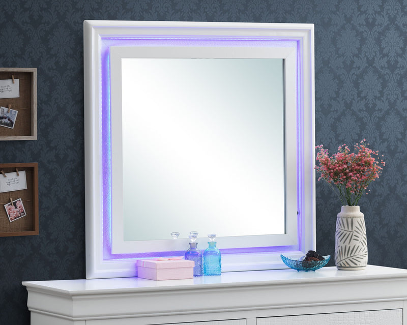 Elegant Lorana transitional LED mirror by Glory Furniture, featuring a sleek rectangular design with integrated LED lighting.