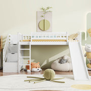 DreamHaus loft stairway bed with two drawers, convertible ladder, and slide in a modern bedroom setting.