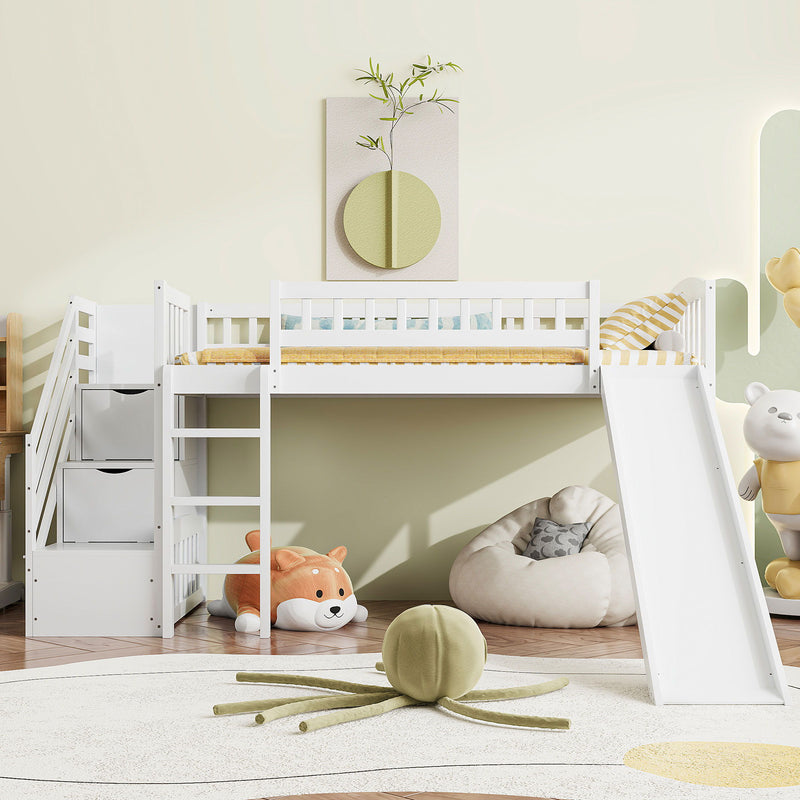DreamHaus loft stairway bed with two drawers, convertible ladder, and slide in a modern bedroom setting.