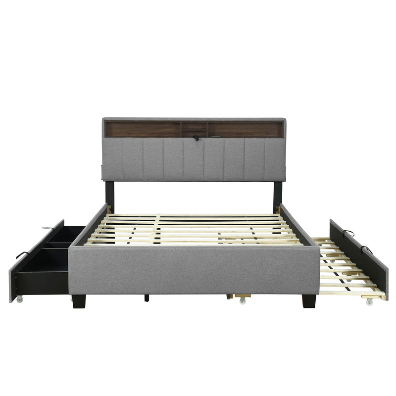 Upholstered Platform Bed With Storage Headboard, Trundle & 2 Drawers And A Set Of Sockets & USB Ports - R&R Furniture Gallery (Fountain Valley, CA)
