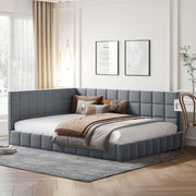Gray DreamHaus full size upholstered mid-century modern daybed with elegant design, showcasing the sofa bed frame and plush fabric.
