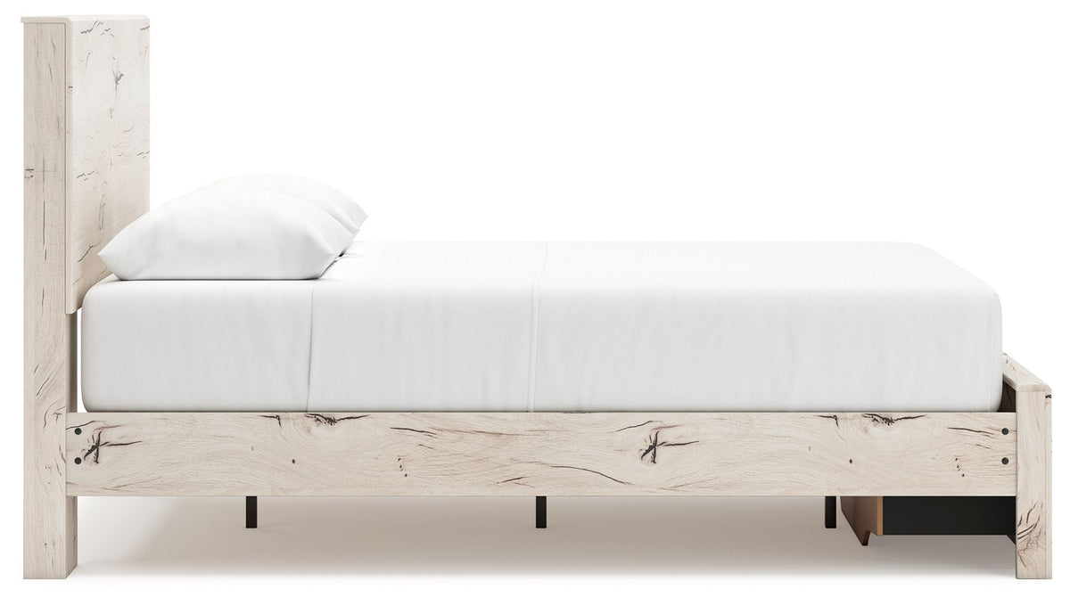 Signature Design by Ashley Lawroy panel bed with built-in storage drawers in a modern bedroom setting.