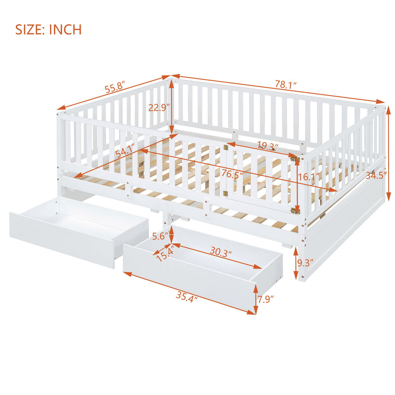 DreamHaus storage daybed with fence guardrails, two drawers, convertible into floor bed and daybed, shown with clean design and wooden finish.