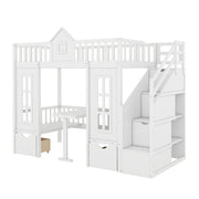DreamHaus twin over twin bunk bed with changeable table, featuring upper bed and down desk for versatile sleeping and workspace.