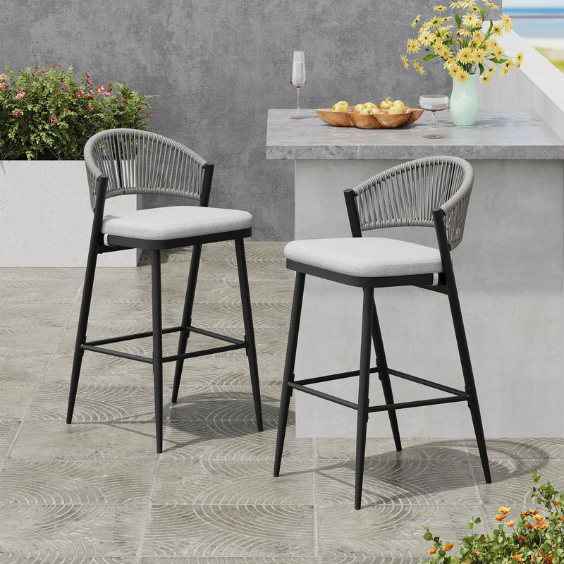 Outdoor Bar Height Metal Frame Counter Stools With Scallop Shaped Backrest & Water Resistant Cushions - R&R Furniture Gallery (Fountain Valley, CA)