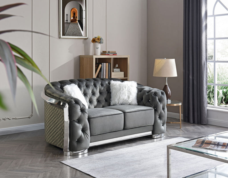 Glory Furniture stationary loveseat with flared arms, upholstered in neutral fabric, showing plush seating and stylish design.