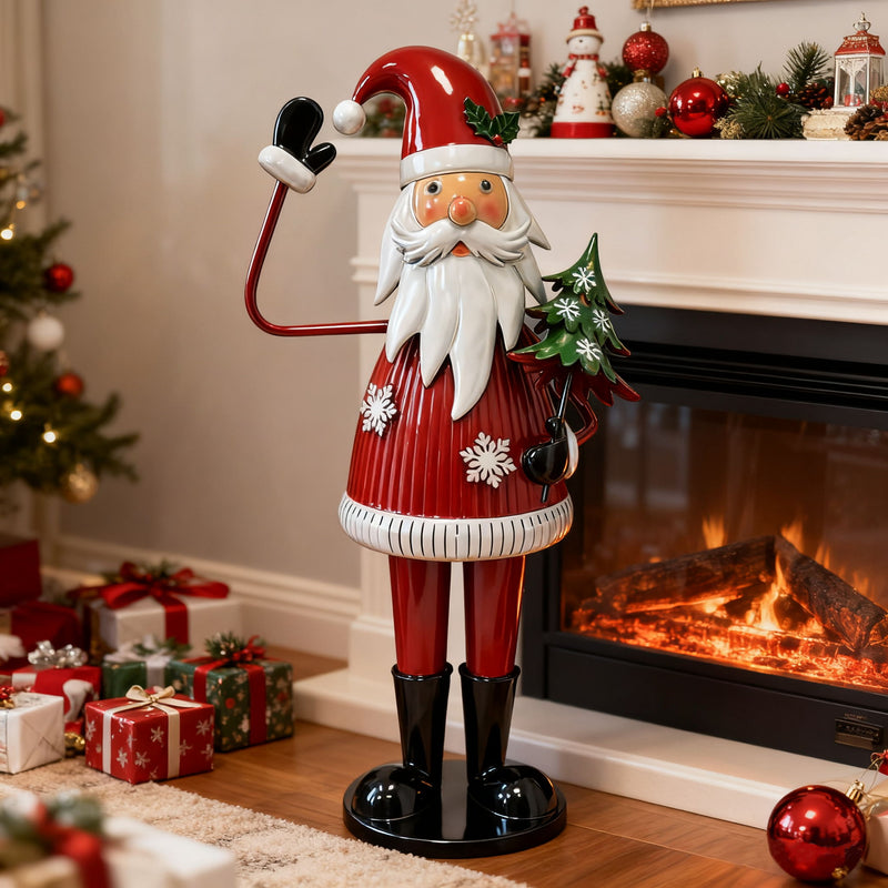 Cheerful Santa Claus Christmas decoration by Noble House holding a tree and waving, festive holiday holiday decor in red.