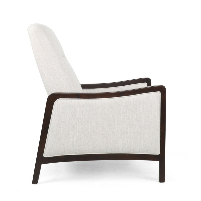 Contemporary Noble House Drury fabric upholstered pushback recliner with padded armrests and plush cushioning in a modern living room setting.