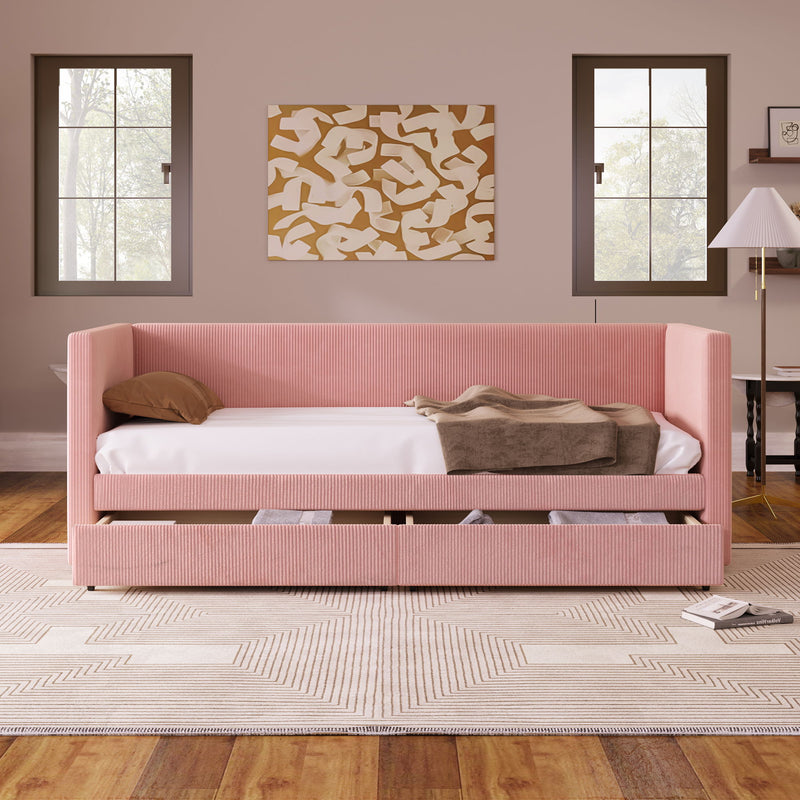 Halcyon Home storage daybed with two drawers and wooden slat base, showcasing a modern design with ample under-bed storage.