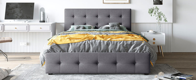 DreamHaus upholstered storage platform bed with classic headboard and built-in drawers, no box spring needed, in a cozy bedroom setting.