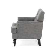 Noble House Harrison tufted club arm chair with button-tufted back and birch wood legs, beige upholstery, stylish and comfortable.