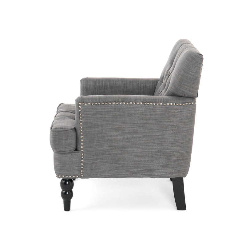 Noble House Harrison tufted club arm chair with button-tufted back and birch wood legs, beige upholstery, stylish and comfortable.