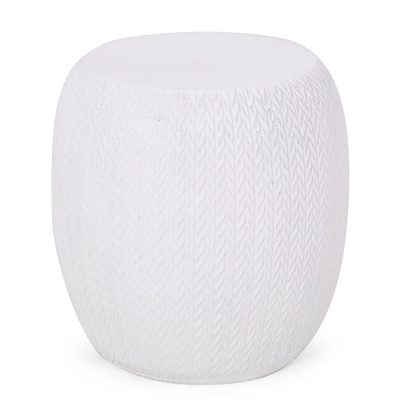 Outdoor lightweight concrete side table in antique white by Noble House, showing a sleek, modern design for outdoor use.