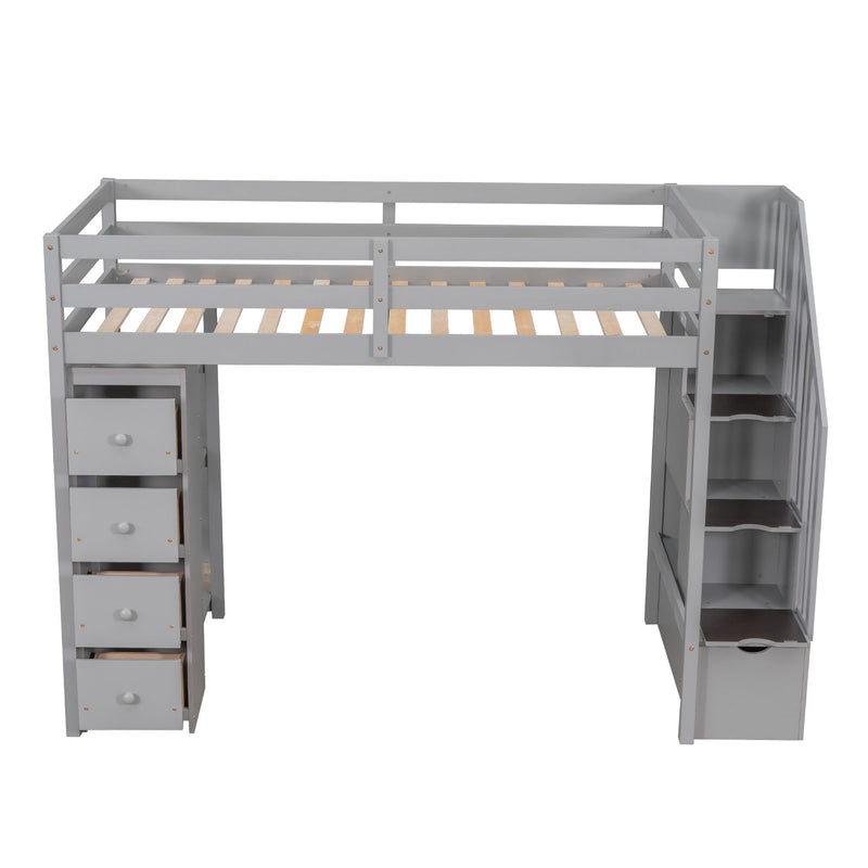 DreamHaus loft bed with built-in storage drawers, stairs with shelves, sturdy wooden frame, ideal for space-saving bedroom decor.