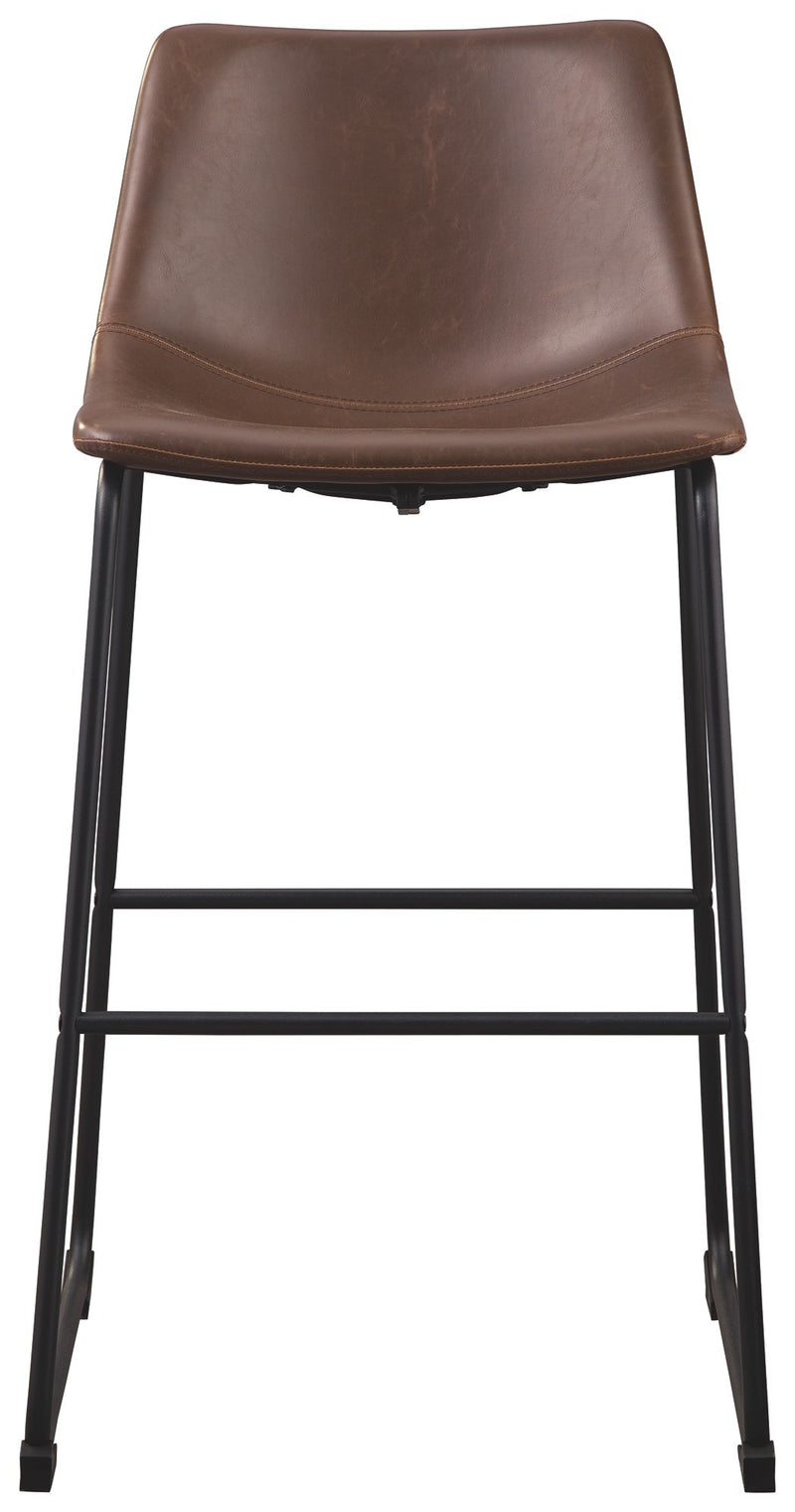 Set of two Signature Design by Ashley® Centiar upholstered barstools with padded seats and wooden legs, ideal for kitchen or bar area.
