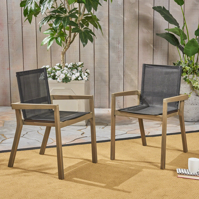 Set of two Noble House Belfast dining chairs with acacia wood frames and cushioned seating, stylish and sturdy for dining rooms.