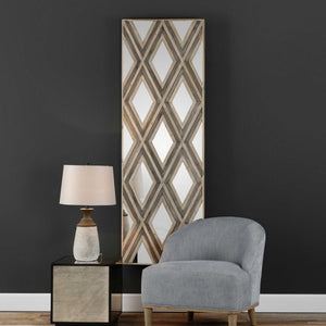 Uttermost Tahira geometric argyle pattern wall mirror with light brown frame, showcasing a stylish decorative wall mirror.